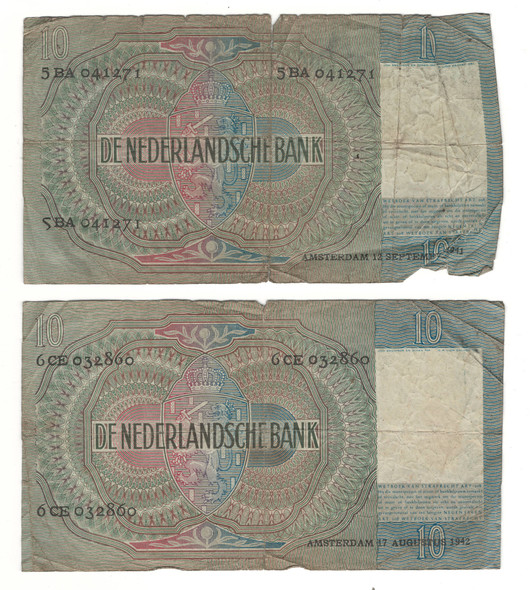 Netherlands: 1941-42 10 Gulden 2 Piece Lot